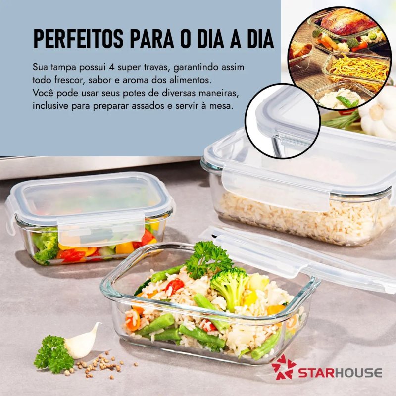 Kit 10 Potes Herméticos Vidro 640ml Starhouse Marmita Forno Micro-ondas