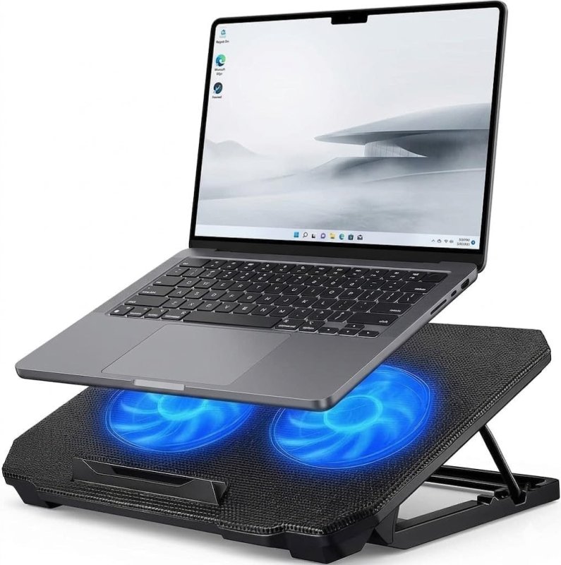 Suporte para Notebook com Cooler Duplo Silencioso, 8 Níveis de Ajuste Ergonômico, Saída USB Extra e LED Azul