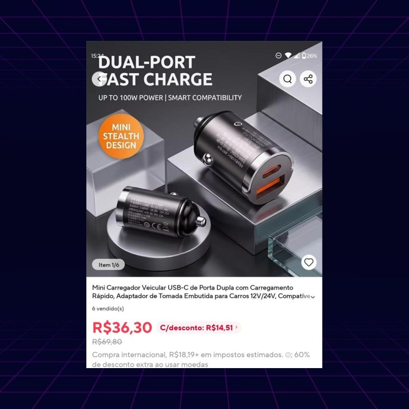 Mini Carregador Veicular USB-C Dupla Porta