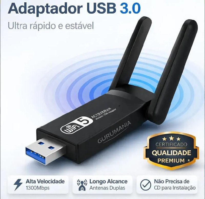 Adaptador WiFi USB 3.0 Dual Band 1300Mbps com 2 Antenas, Placa de Rede Wireless 2.4GHz/5GHz