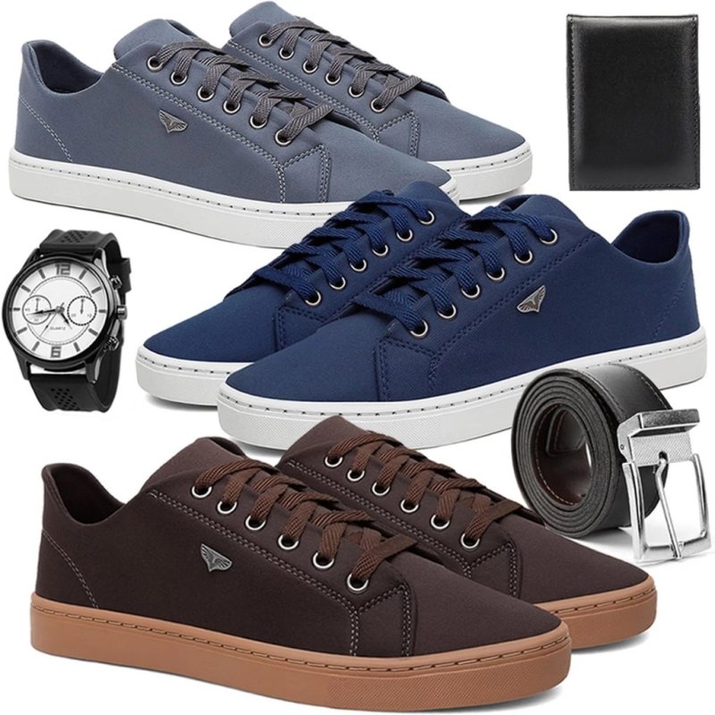 Kit 3 Tênis Masculino Casual Dia a Dia Leve e Confortável + Relógio de Ponteiros + Carteira + Cinto