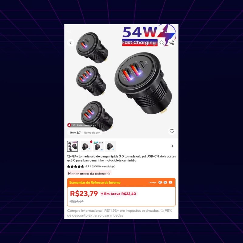 Tomada USB Carga Rápida 12V/24V