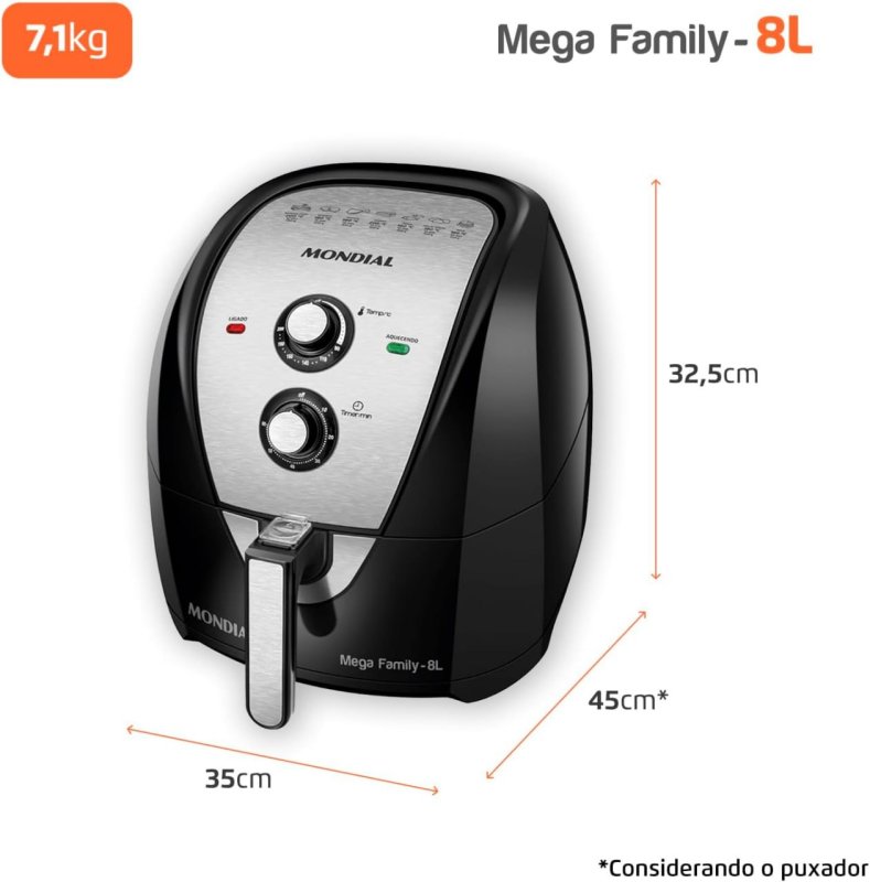 MONDIAL Fritadeira Sem Óleo Air Fryer 8L - 1900W - Preto/Inox