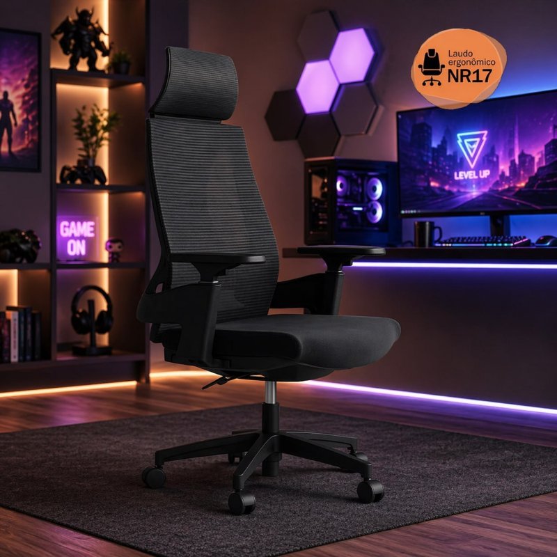 Cadeira de Escritório Presidente Ergonômica Giratória Modelo Toledo Cor Preta Certificada NR17