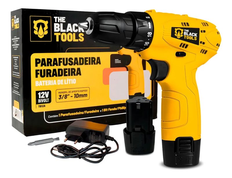 Parafusadeira Furadeira The Black Tools TB12A 3/8 a Bateria Cor Amarelo