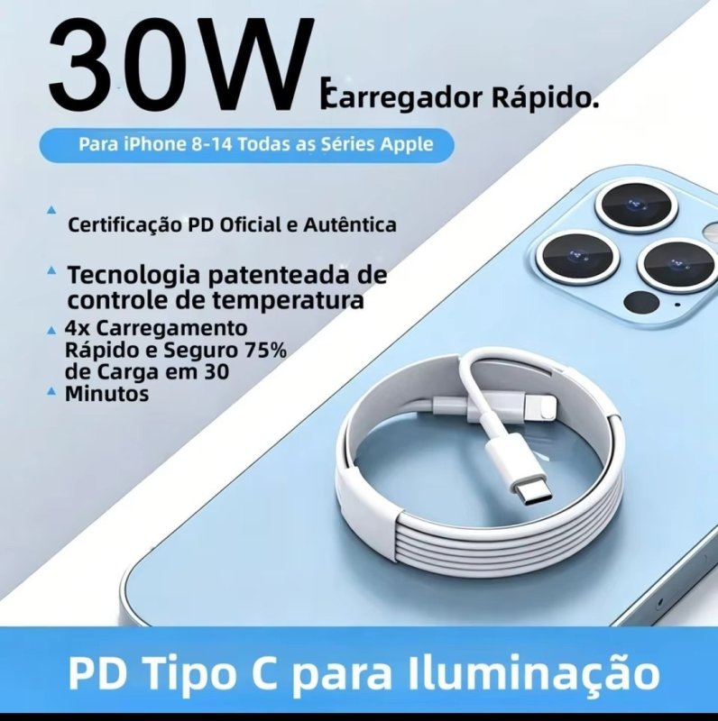 Cabo de Carregamento Rápido 30W PD USB C para Lightning