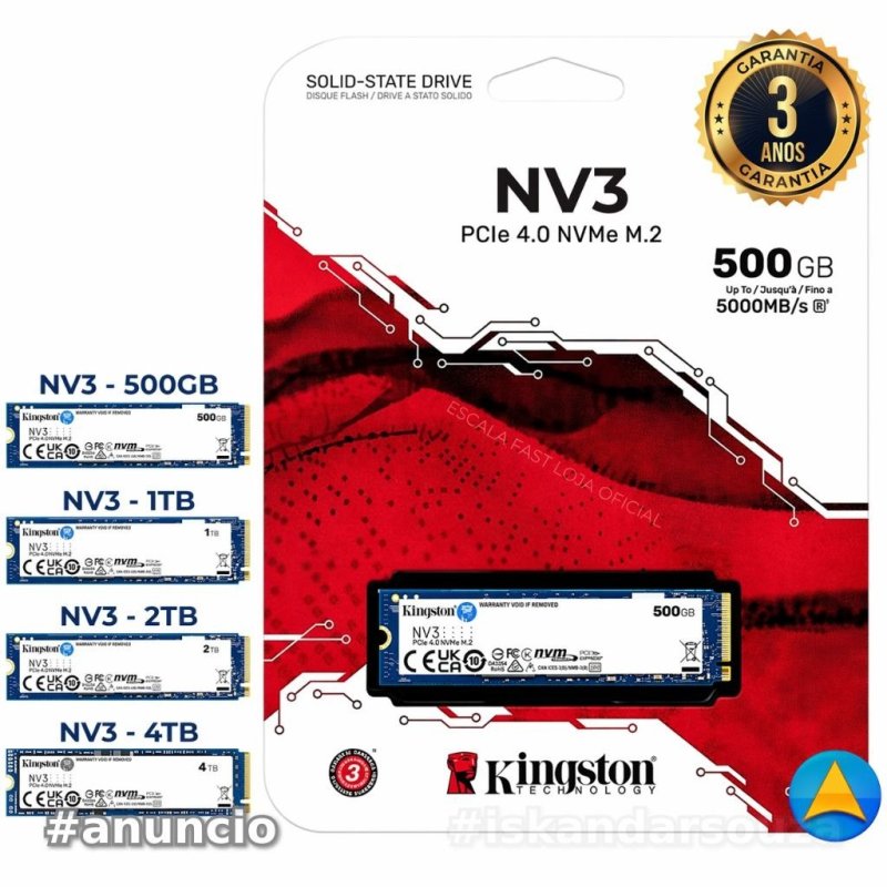 SSD NVME M.2 Kingston 4TB/ 2TB/ 1TB e 500GB NVMe PCIe 4.0 - SNV3S Preto