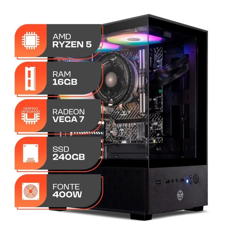 PC Gamer Forge, AMD Ryzen 5 5600GT, 16GB DDR4, SSD 240GB, Fonte 400W 80 Plus