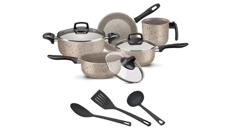 Jogo De Panelas 8 Peças Teflon Antiaderente C Tampa De Vidro Cor Ceramic