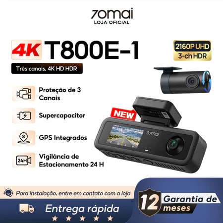 Câmera Veicular 3 Canais 4K 70mai T800E-1 Hdr F1.55 Gps 24h Com App Visão Noturna IR Supercapacitor Até 512 GB