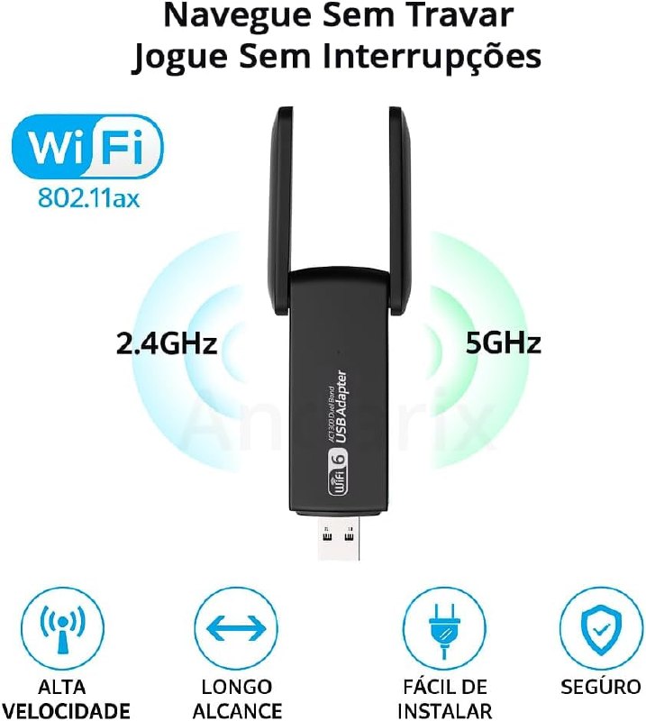 Adaptador WiFi USB Dual Band 5GHz 2.4GHz Até 1300Mbps Antena Wireless Para