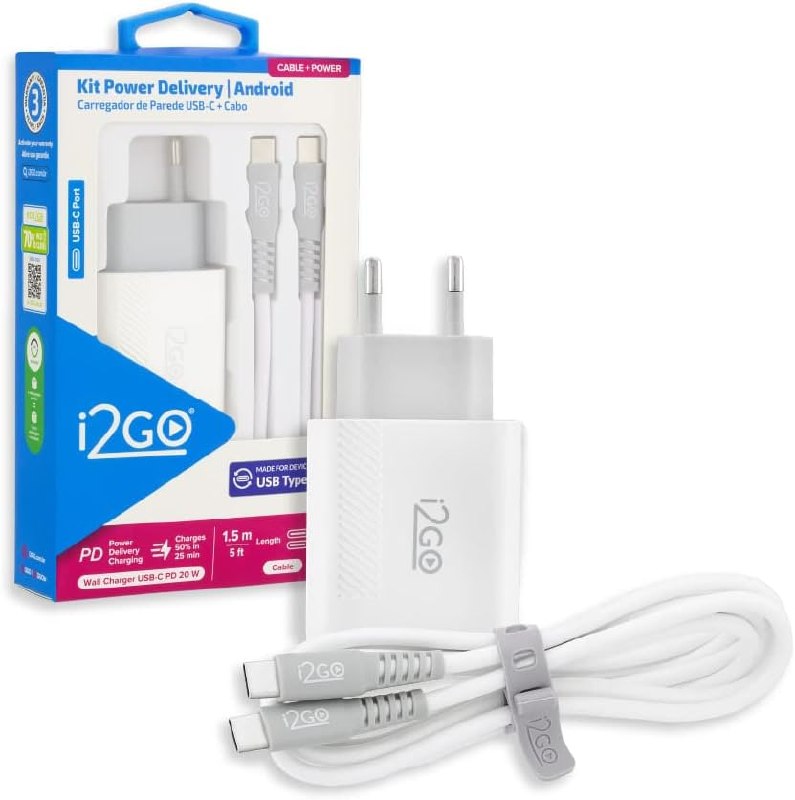 I2GO Kit Carregador Parede Ultra Rápido 20W USB-C Power Delivery + Cabo 1,5m - Branco