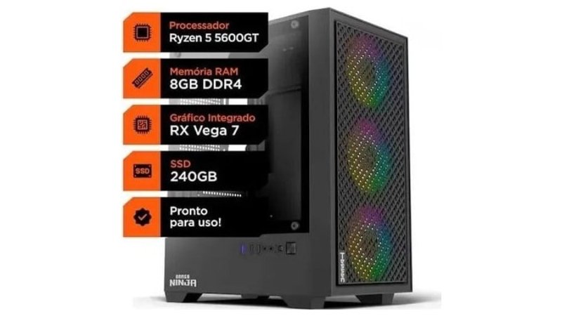 Pc Gamer Soldier, Ryzen 5 5600gt, 8GB DDR4, SSD 240GB, Radeon Graphics Vega 7