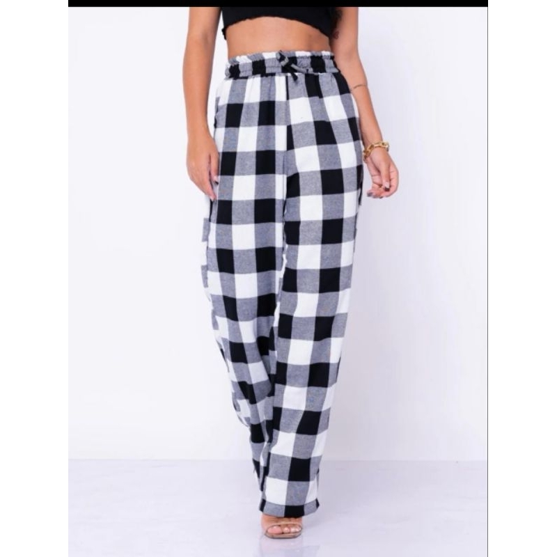 Calça Feminina Pantalona Xadrez Franelado