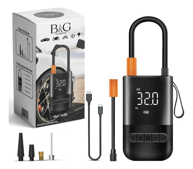 Compressor de Ar Portátil Digital B&G USB-C para Carro Moto Bike