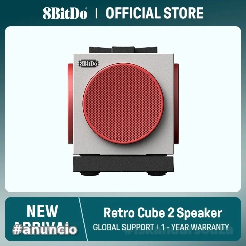 Caixa de Som 8BitDo Retro Cube 2, Caixa de Som Bluetooth Portátil com Som Estéreo, Dock de Carregamento Sem Fio, Bluetooth 5.3/2.4G/Com Fio