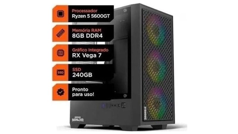 Pc Gamer Soldier, Ryzen 5 5600gt, 8GB DDR4, SSD 240GB, Radeon Graphics Vega 7