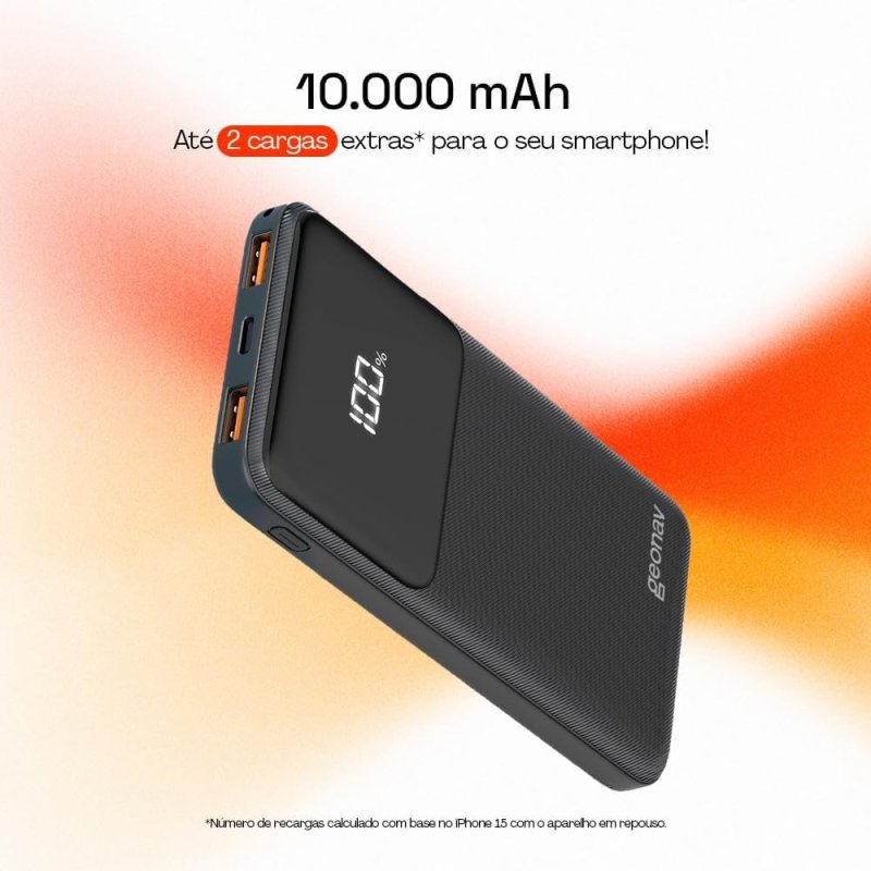 Geonav Power Bank 10.000mAh - Carga Rápida 20W USB-C - Preto
