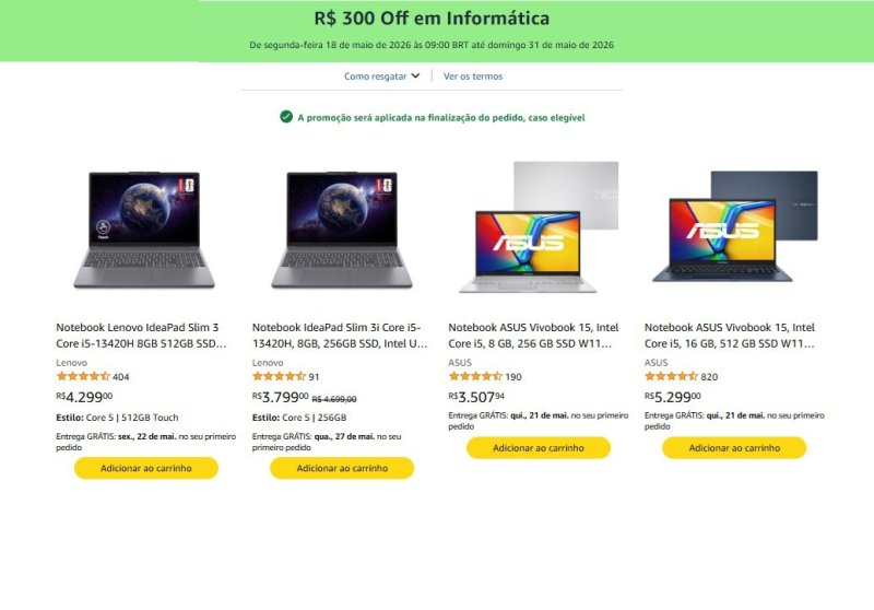 R$300 OFF EM NOTEBOOKS NA AMAZON