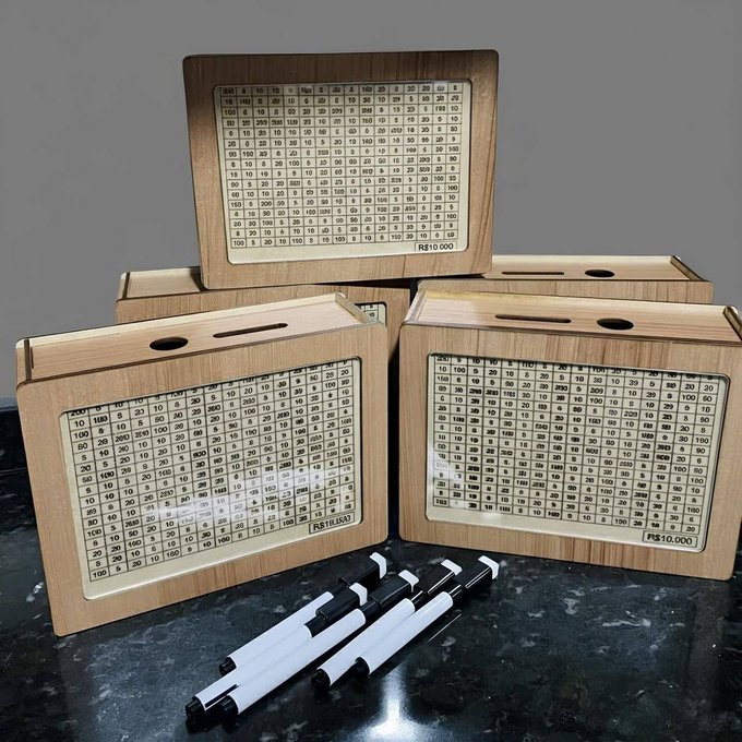 Cofre Desafio Woodbox Cofrinho 10mil 10k Metodo Japones Material Madeira Adesivado - Up Revita Woodbox
