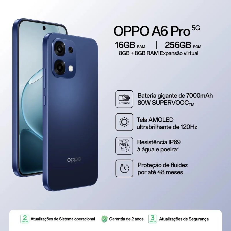 Oppo A6 Pro 5G - 256GB 16GB RAM - Bateria 7000mAh - Câmera 50MP - Azul Espacial