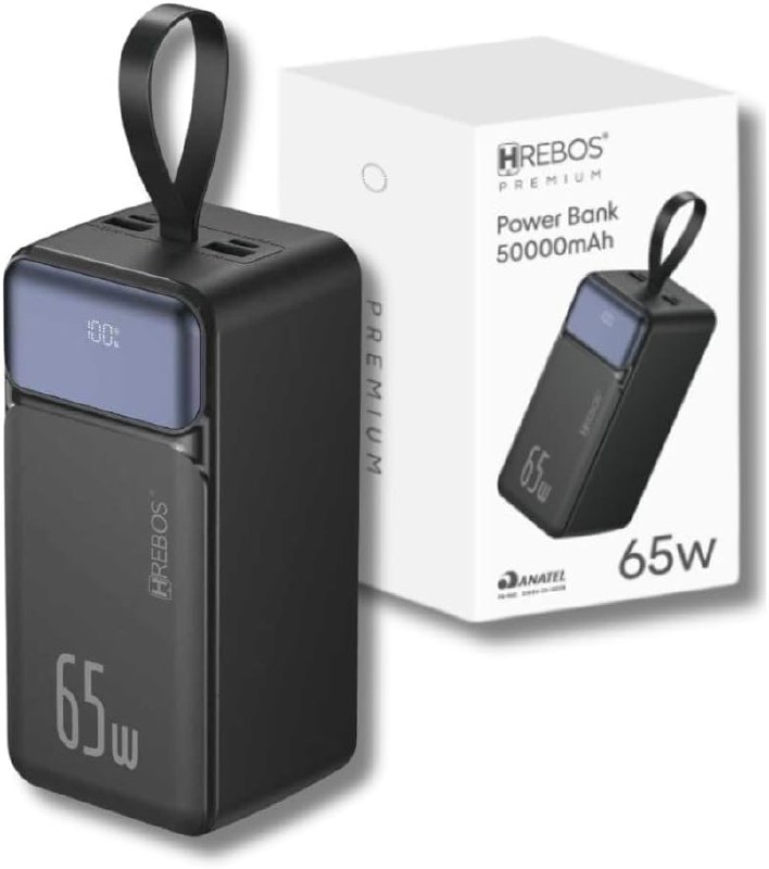 Power Bank Hrebos 50.000mAh 65W para Notebook, Celular e Tablet