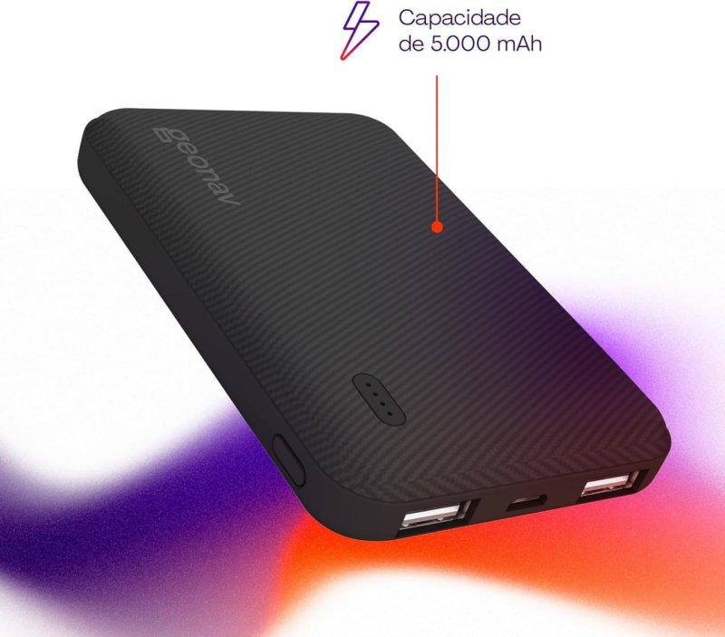 Geonav Power Bank, Carregador Portátil Universal 5.000mAh, 2 portas USB, Led Indicador de bateria, ES5KBK, Preto