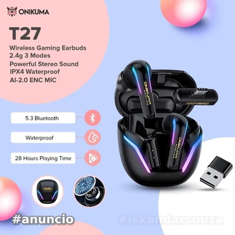 Fone de ouvidor ONIKUMA T27 Wireless Earphones 2.4GHz Dual Mode Earbuds Low Latency Gaming