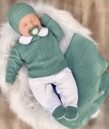Saída De Maternidade Em Tricô, Menino, Verde Oliva