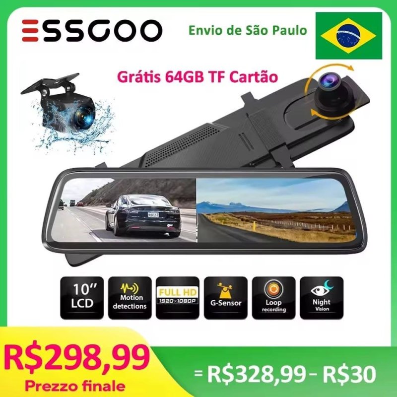 ESSGOO Retrovisor com câmera 1080p, Tela 10 Polegadas, Gravação 1080p, Visão Noturna + Câmera Traseira