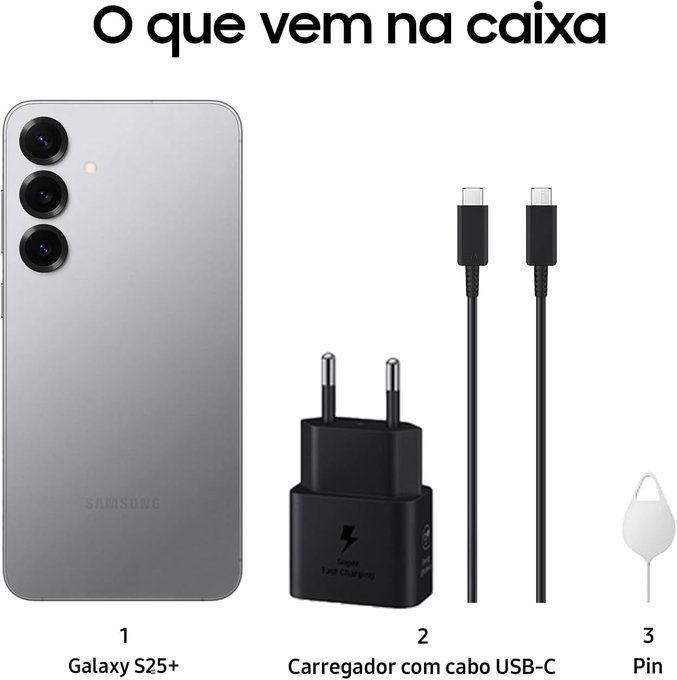 Celular Samsung Galaxy S25+ 5G, 512GB, 12GB RAM, Câmera Tripla de 50+12+10, Tela Grande de 6.7", Prata + Frete Grátis