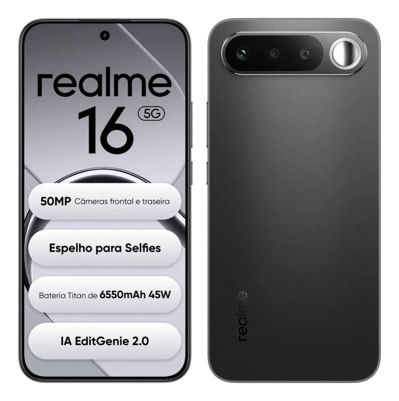Realme 16 5G - 256GB 12GB RAM - Câmera 50MP - Bateria 6550mAh - Preto