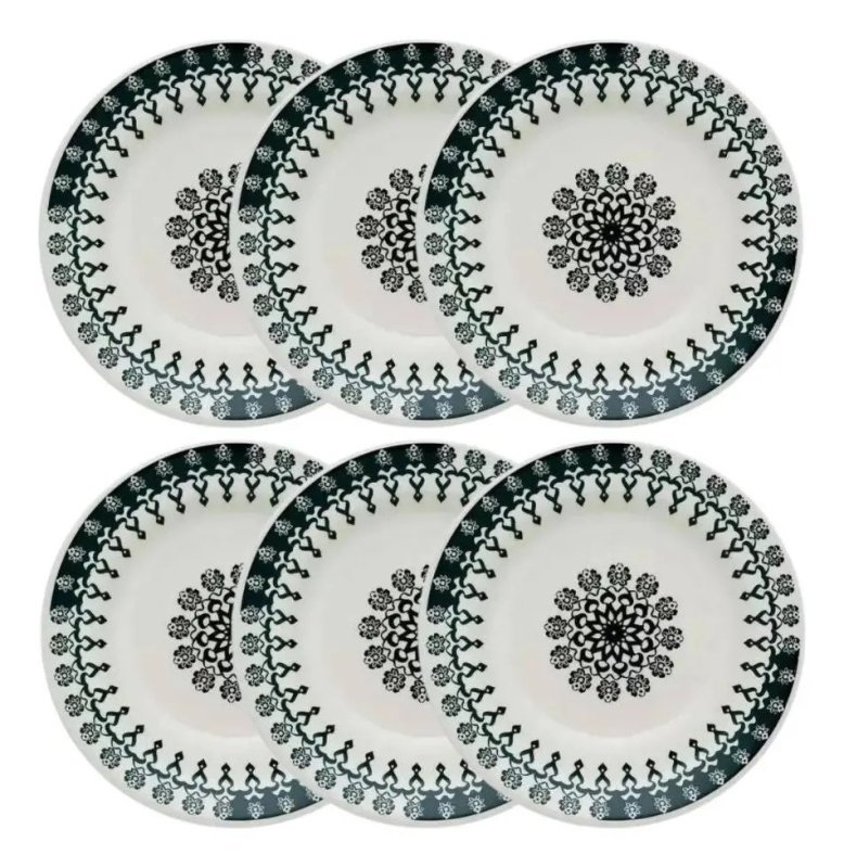 Jogo De Pratos Sobremesa Oxford Cerâmica Folk 19cm 6 Pç Cor Branco E Preto Geométrico