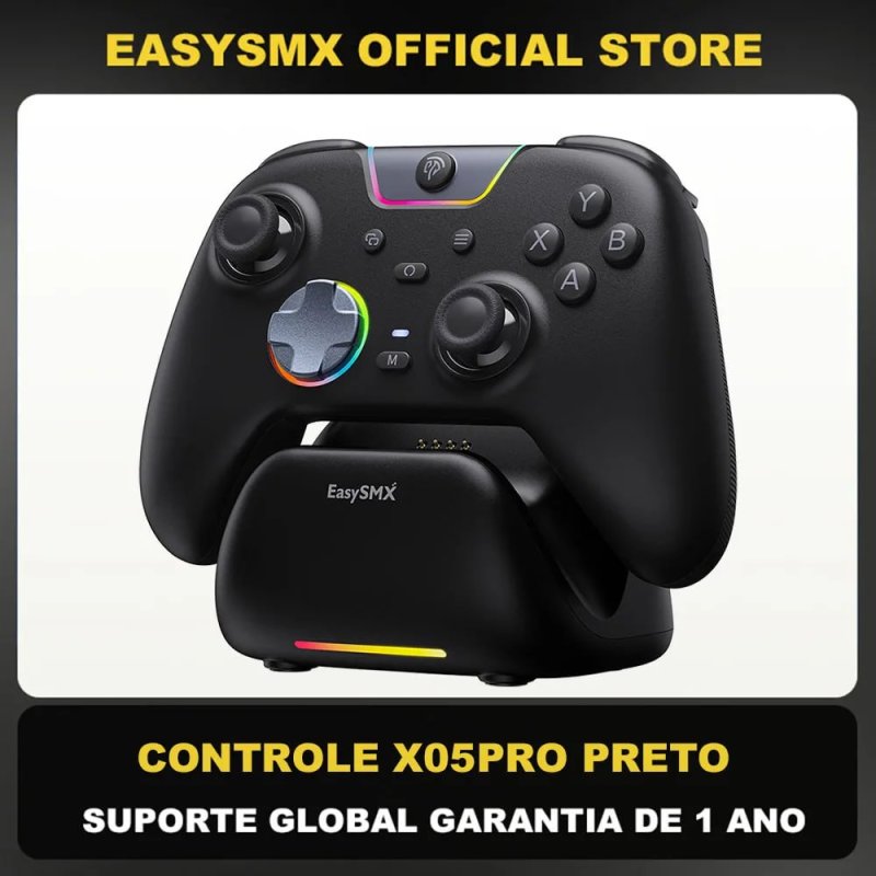 Controle Sem Fio EasySMX X05 Pro RGB, Hall Effect, Botões Programáveis, Conexão Tri Mode, 1000hz & 1000mAh + Dock de carregamento