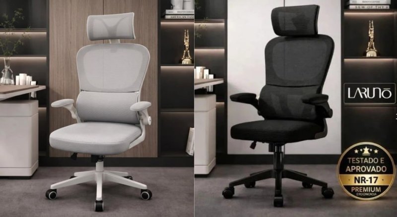 Cadeira de Escritório Ergonômica Cinza Giratória com Apoio Lombar e Braços Ajustáveis - Laruno