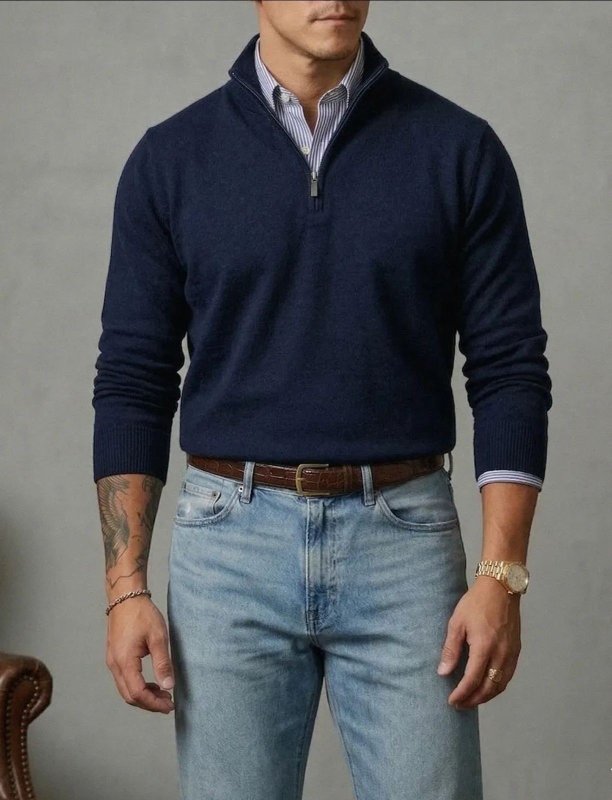 Suéter Masculino Zíper Elegante Gola Alta Inverno Old Money