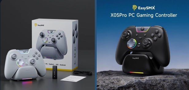 Controle Sem Fio EasySMX X05 Pro RGB, Hall Effect, Botões Programáveis, Conexão Tri Mode, 1000hz & 1000mAh + Dock de carregamento