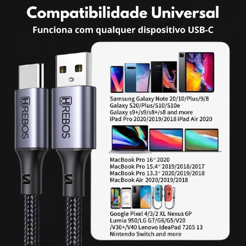 Cabo USB para Tipo-C (USB-C) 60W 3.1A