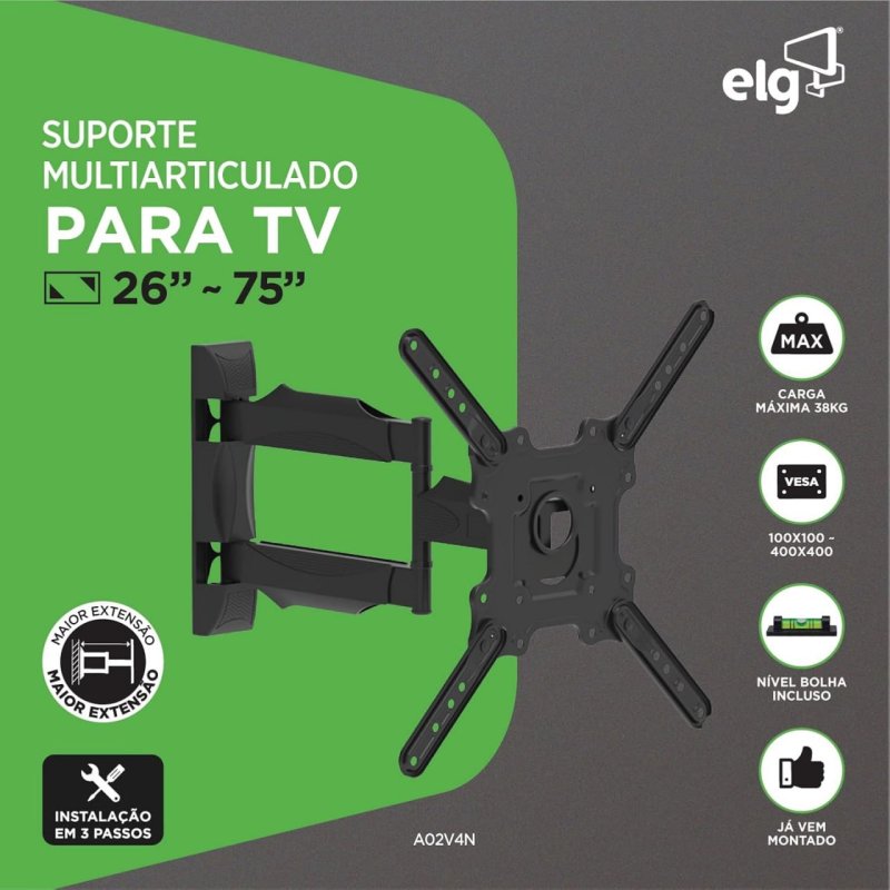 ELG Suporte TV Articulado 26" a 75" - Giro 90° - VESA 100x100 a 400x400mm - Preto