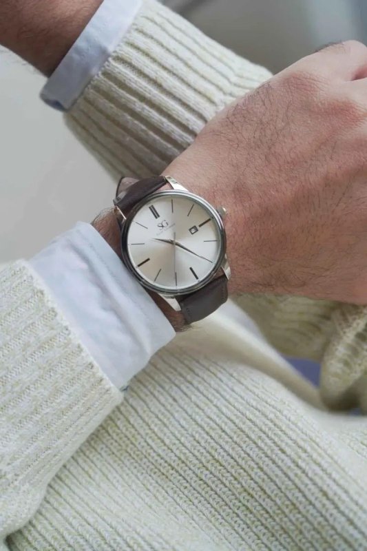 Relógio Masculino Couro Marrom Prata Saint Germain 42mm