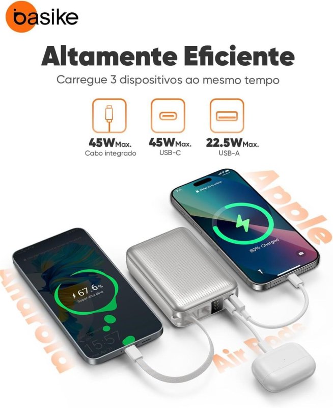 Power Bank Basike 20.000mAh 45W com Cabo USB-C