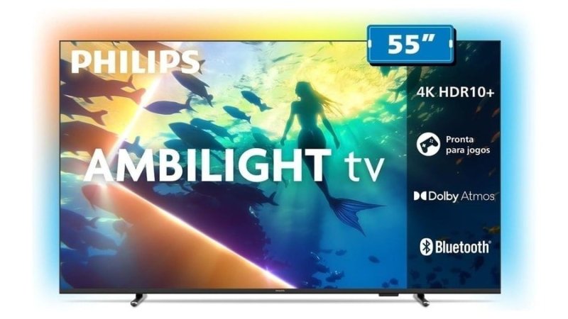 Smart Tv ambilight 55" 4K, 55PUG8100/78, Comando de Voz, HDR10+/Dolby Atmos PHILIPS
