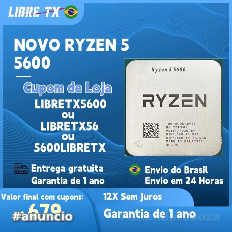 LibreTx Processador Ryzen 5 5600 6Core CPU para Jogos Soquete AM4 Estoque no Brasil