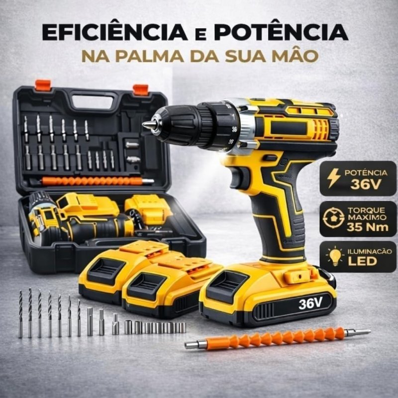 Furadeira e Parafusadeira de Impacto Sem Fio com LED 2 Baterias Recarregáveis Bi-volt e Acessórios Maleta Completa
