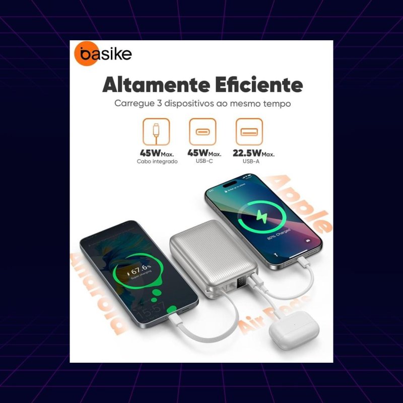 Power Bank 20.000mAh 45W com Cabo USB-C