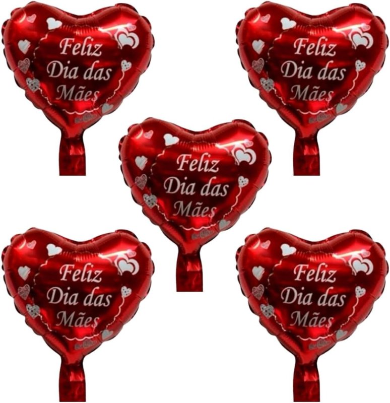 Kit 10 Balões Coração Vermelho 10" (25cm) com Estampa Feliz Dia das Mães