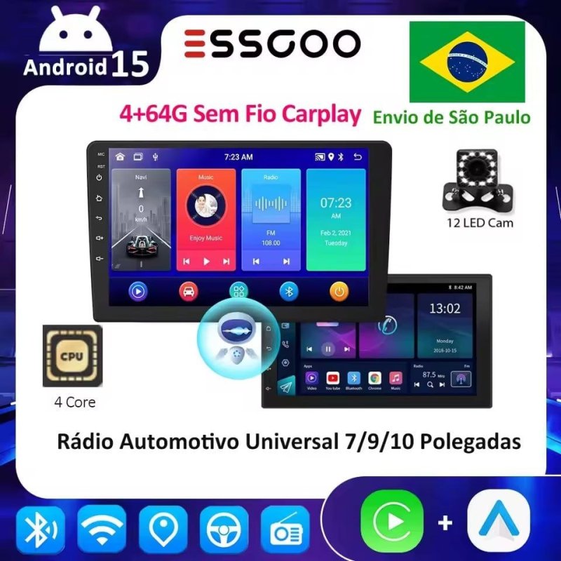 Multimidia Essgoo, 4GB 64GB, Android 15, Wifi, GPS, Carplay e Android Auto, opção 7 Polegadas