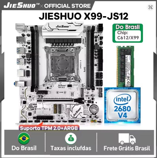 Kit Xeon 2680v4: Placa Mãe JIESHUO x99-JS12 C612 + E5-2680 V4 + DDR4 16GB 2133MHz