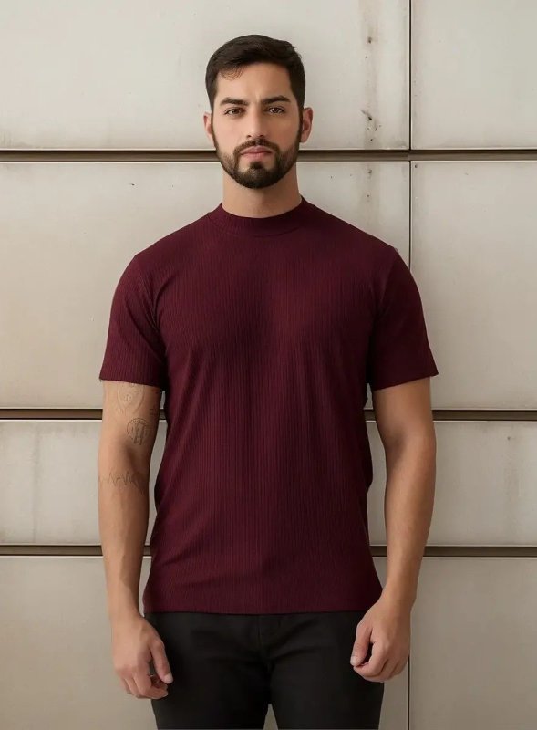 Camisa Casual Masculina Canelada Gola Alta Manga Curta