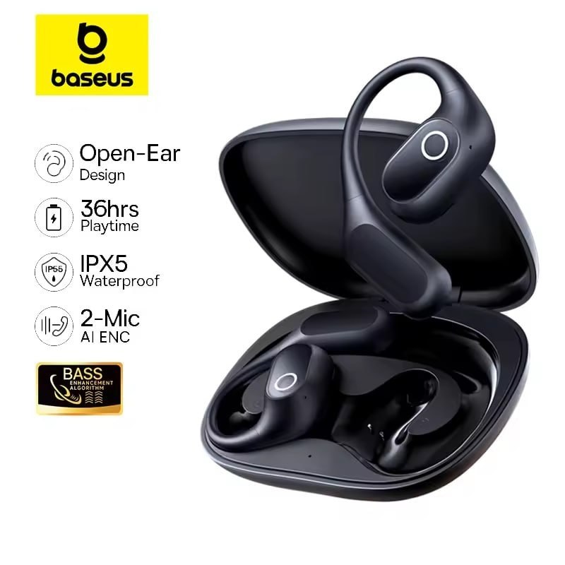 Baseus Eli 2i Fit Open-Ear Bluetooth 6.0 TWS com Gancho, IPX5, Bass Boost e 36H de Bateria